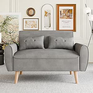Vongrasig 48" Small Modern Loveseat Sofa, Mid Century Soft Corduroy Fabric 2-Seat Sofa Couch Tufted Love Seat with Back Cushions and Tapered Legs for Living Room, Bedroom and Small Space (Light Gray)