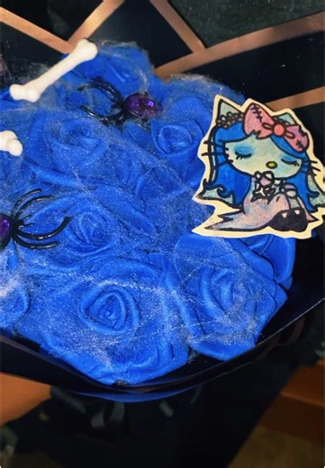 Corps bride hello kitty bouquet 💙🦋💙 Shaky hands😭💙 #corpsebride #bouquet #blue#purple#spiders#halloweenbouquet #halloween#piderwebs