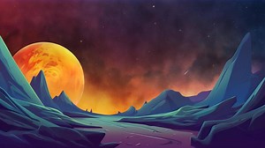 Download 4K Animated Alien Planet Landscape with Giant Orange Glowing Planet on Horizon, Surreal Sci-Fi Space Scene Featuring Rocky Mountains and Starry Sky for free
