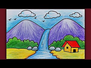 Simple Landscape Scenery Drawing for Beginners | Easy Waterfall Scenery Drawing with Color