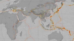 India tectonics featured. Elevation grayscale. Mollweide projection