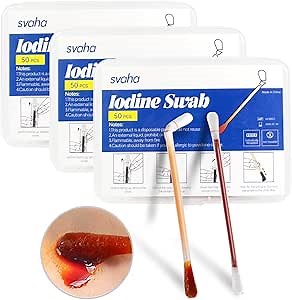 Povidone Iodine Swabs - 150 Sticks Sterile Iodine Swabsticks, Individually Wrapped Cotton Swabs, Solution Filled for Wound Cleansing, First Aid, Travel