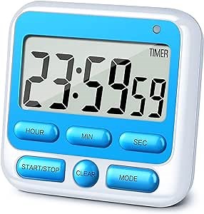 KTKUDY Digital Kitchen Timer with Mute/Loud Alarm Switch ON/Off Switch, 12-Hour Clock & Alarm, Memory Function Count Up & Count Down for Kids Teachers Cooking, Large LCD Display, Strong Magnet (Blue)