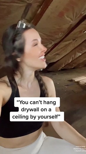 you can hang drywall on a ceiling all by yourself — all you have to do is make a jig to hold it in place while you screw it in! 👩🏻‍🔧 lmk if you want the step by step!! #diy #diyproject #homerenovation #homeimprovement #homereno