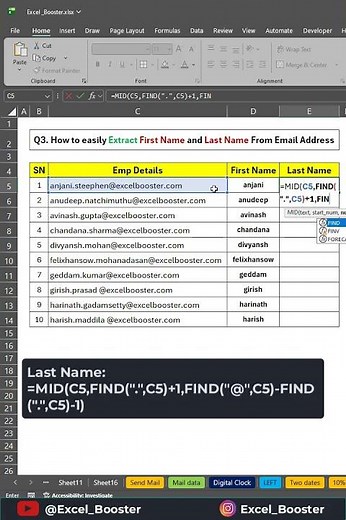 Extract First Name and Last Name from Email Address in Microsoft Excel! 📧 #excel #shorts #exceltips