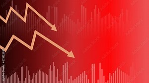 financial crisis down with red arrow economy business graph on money crash market background. bankruptcy decrease bad finance chart diagram or loss investment economic recession.