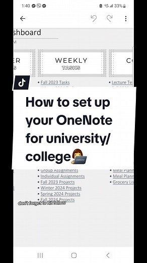 Here's how to set up your OneNote notebook for success at university or college! 👩‍💻 If you're struggling with note taking (especially digital note taking), this is how you can set up your Onenote book: 1) Get a weekly task section going 2) Create a section for course notes, break it down by course name & semester 3) Have a 3rd section for assignments and group projects. The template I sell has