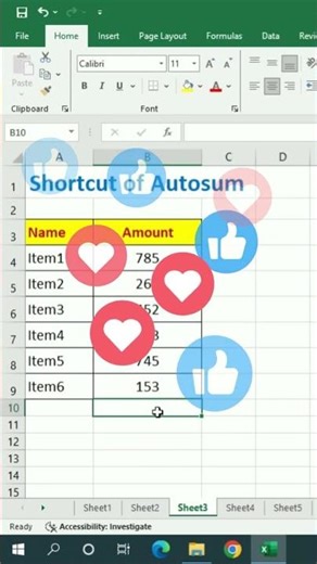 Excel AutoSum Shortcut (Alt + =)