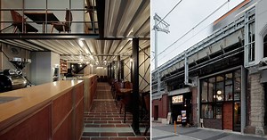 steel H-beams build coffee shop situated under railway elevated bridge in tokyo