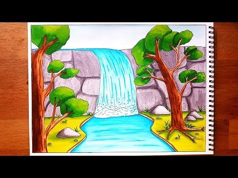 How to Draw A Waterfall Stream Scenery for Beginners| Step By Step
