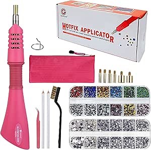 Hotfix Rhinestone Applicator, Genround Iron-on Hotfix Applicator Tool Wand Tool Set with 2 Boxes of Flat Back Gems Round Crystal Rhinestones/Storage Box/Tweezer/Gems Picking Pen for Clothes Shoes Card