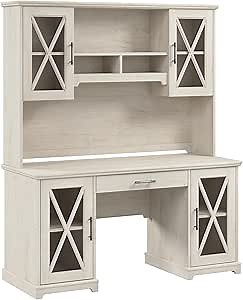 Bush Furniture Lennox 60W Farmhouse Desk with Hutch and Keyboard Tray in Linen White Oak | Computer Table for Home Office