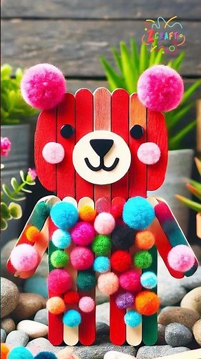DIY Colorful Pom-Pom Bear 🧸🎨 | Fun Popsicle Stick Craft for Kids #diy #craft #craftyfun #kids