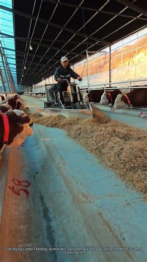 Satisfying Cattle Feeding: Automatic Spreader & V-Plow Pushing Feed to Troughs (Farm Tech)