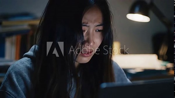 Stressed Young Asian Woman Crying and Overwhelmed While Working Late at Night on Laptop