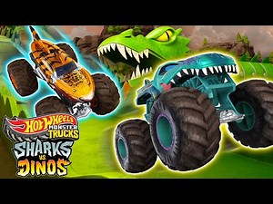 Tiger Shark and Mega Wrex Off-Roading Battle! | "Sharks vs. Dinos" Clip | Hot Wheels Monster Trucks