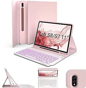 typecase Keyboard Case for Galaxy Tab S8/Tab S7 11 inch (SM-X700/X706/T870/T875/T878), Slim Protective Cover, 7 Colors Backlit Wireless Detachable Keyboard with S Pen Holder (Pink)