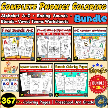 Complete Phonics Coloring Bundle | Alphabet A–Z, Ending Sounds, Blends & Vowels