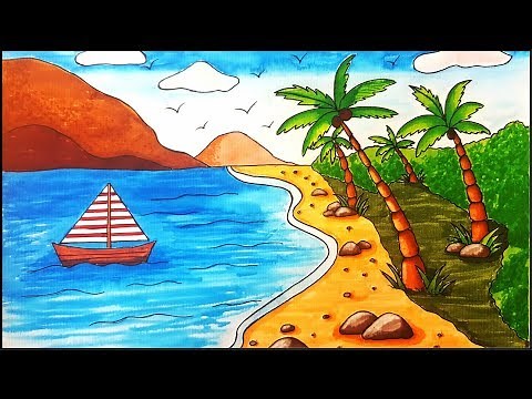 How to Draw A Beach Scenery for Beginners | Step By Step