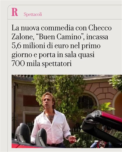 Quasi 700.000 spettatori hanno trascorso il Natale con Luca Medici. Ottimo esordio per Buen Camino la nuova commedia con Checco Zalone diretta da Gennaro Nunziante che nel giorno di Natale ha trainato il mercato cinematografico riportandolo a livelli che non si registravano dal 2011. Nel suo primo giorno di programmazione, giovedì 25 dicembre, il film distribuito da Medusa Film ha incassato 5.671.922 di euro con una media copia di 7.744 di euro e una quota del 78,8% dell'incasso complessivo al b