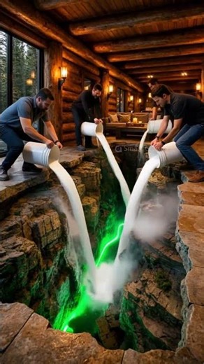 Glowing Emerald River in a warm wooden Cabin