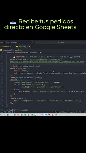 80K views · 1.8K reactions | Conecta tu formulario de checkout en HTML/JS con Google Sheets usando Apps Script y automatiza tus pedidos sin backend. ¡Ideal para tus proyectos de aprendizaje! Descarga el código en https://www.edukuk.com/ #programacionweb #desarrolloweb #programadoresweb #html #javascript | Progamacion web, | Facebook