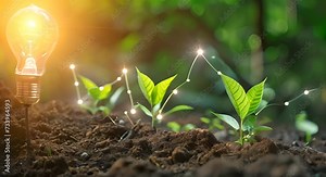 Light bulb with plant sprouts and growth graph on the background of soil and green leaves. The concept of innovation and ecological development. Stock Video