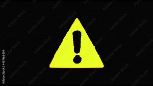 Retro vintage warning sign with exclamation point pixel art glitch animation with interference on black background.