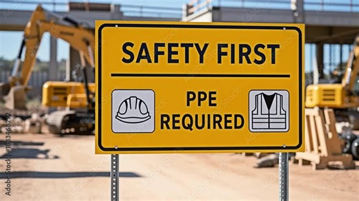 Safety first sign indicating construction zone, concept of occupational health and construction industry.