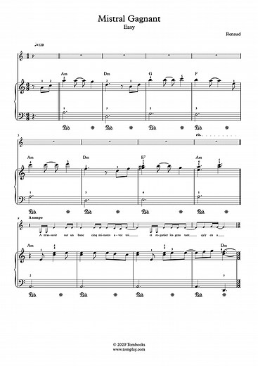 Mistral Gagnant (niveau facile) (Renaud) - Partition Piano
