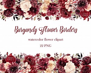 Burgundy Flower Border Clipart, Watercolor Flower Border PNG, Wedding Floral, Fall Flower PNG, Floral Frame, Digital Download - Etsy