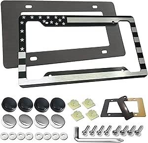 AOOTF American Flag License Plate Frame - USA Aluminum Metal License Plate Cover Auto Car Truck Tag Holder Thin Blue Line Black and White Stripes with Screws,Anti-Rattle Foam Pad