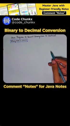 Code Chunkx - Coding Java on Instagram: "Comment “NOTES” ⬇️ to get your PDF Guide on Java Programming! ❌ Beginner mistake: Trying to write a custom loop to calculate powers of 2 (2, 4, 8, 16...). You don't have to! Java has a function for that. 🚫 👉 In this reel, I showed you how the **powerful `Math.pow()` function** makes binary conversion easy: 1️⃣ The Base Logic: We still use a `while` loop to process the binary number digit by digit, starting from the right. 2️⃣ Grabbing Digits: We use the