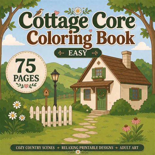 Cottagecore Coloring Pages Printable, Easy Adult Coloring Pages, Cozy Relaxing Coloring Book, 75 Pages, PDF Digital Download - Etsy