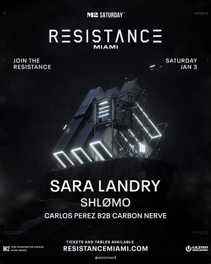 RESISTANCE on Instagram: "Starting the year hard with @saralandrydj, @shlomo_taapion, and @carlosperezmia B2B @carbonnerve on Jan 3 at @m2_miami. Act fast, limited tickets remain. #RESISTANCEMIAMI Tickets & Tables ➡️ https://resistancemiami.com/tickets/january-3/"