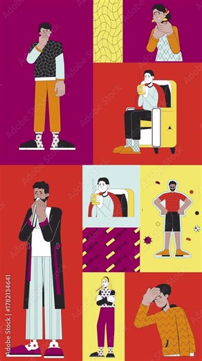 Cold symptoms and strong immunity animated bento grid layout. Hot tea. Runny nose, headache. Cough and fever 2D animation flat cartoon ui collage design. Vertical 4K video motion graphic collection