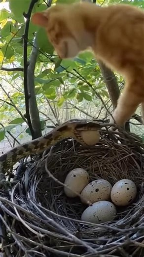 Brave Cat Saves Nest from Snake! A cat's quick actions save eggs from a snake. #fblifestyle #AI Generated using Kling AI . . . (For entertainment purposes only. Consult professionals if guidance on activities is presented. No brand affiliation is implied if any are shown. If inspired by true events, creative adaptations may be included. Content may include public footage.) | Fabiosa Life