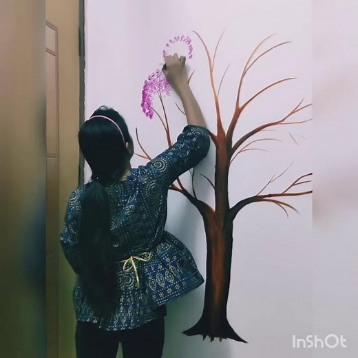Wall Painting | Cherry blossoms tree | Easy to Draw on Wall | Step by Step Wall Painting | #Shorts