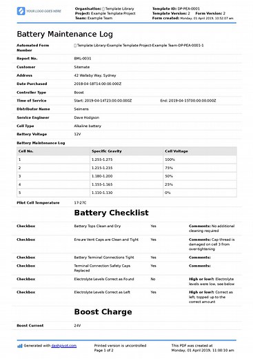 Battery Maintenance Log Sheet Template: Free and Customisable