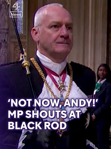 An MP appeared to shout 'Not now, Andy!' after the door to the House of Commons was slammed in front of the Black Rod ahead of the King's Speech in parliament. The joke may refer to Greater Manchester Mayor Andy Burnham, who is seen as a potential challenger for the Labour leadership against Prime Minister Keir Starmer. The tradition of the door being slammed in front of the monarch's messenger is customary ahead of the State Opening of Parliament. #KingsSpeech #KingCharles #UK #C4News