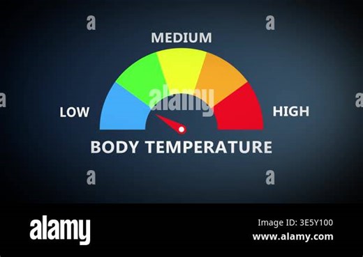 Body temperature monitoring gauge with colorful semicircle scale and needle indicator showing heat level from low to high in modern digital healthcare dashboard interface for vital tracking Stock Video Footage - Alamy