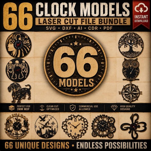 66 Laser Cut Clock Designs Bundle | SVG DXF AI Cdr Pdf Files | Wooden Wall Clock Digital Download - Etsy