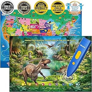 Bilingual Interactive for Kids Talking USA Map Dinosaur Poster for Kids Learning and Educational Toys,Talking Educational Dinosaur Toy for Ages 3 to 12 Years Old,Learning Chart for Preschool/Gift