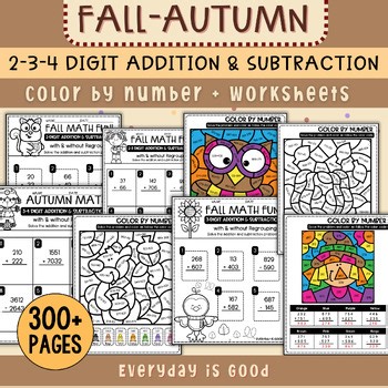 Fall Bundle: 2–3-4 Digit Addition & Subtraction Color by number and Worksheets