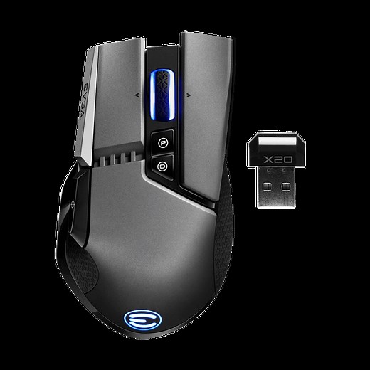 EVGA X20 Wireless Gaming Mouse, Wireless, Grey, Customizable, 16,000 DPI, 5 Profiles, 10 Buttons, Ergonomic 903-T1-20GR-KR