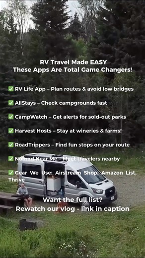 Planning an RV trip? Here are the essential apps websites we use on the road! ✨ RV Life App — route planning offline maps ✨ AllStays — find campgrounds instantly ✨ CampWatch — alerts for hard-to-book parks ✨ Harvest Hosts — unique stays at farms/wineries ✨ RoadTrippers — fun stops & scenic detours ✨ Nomad Near Me — connect with travelers ✨ Airstream Gear Amazon List — our fave essentials ✨ Thrive Market AG1 Keto Crisp — road-friendly food & supplements Seriously… these tools make RV life so much