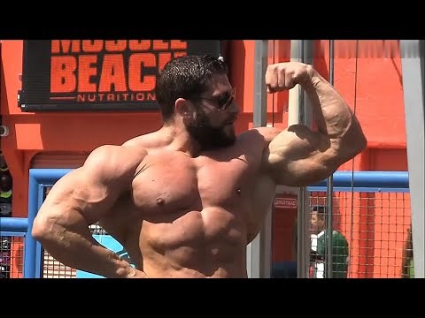 German huge bodybuilder David Hoffmann - Training & posing at Venice Beach