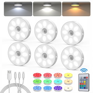 1000mAh Rechargeable Puck Lights with Remote, Motion Sensor Under Cabinet Lighting, 3 Color Temps & 12 RGB Colors, Dimmable Magnetic LED Stick-On Shelf Lights for Kitchen Closet Stairs, 6-Pack