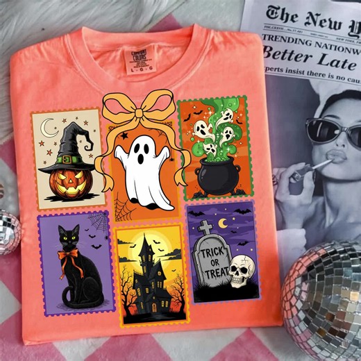 Retro Halloween Stamp PNG: Spooky Cat, Ghost, Pumpkin Clipart (digital Download) - Etsy