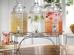 Drink Dispenser Set of 3 - Beverage Dispenser with Stand - Glass Drink Dispensers for Lemonade, Juice, Water, Iced Tea, Punch - 1.5-Gallon Countertop Party Drink Dispensers